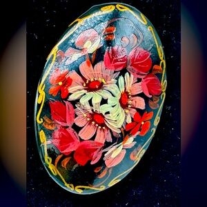 Vintage Hand Painted, Lacquered, Floral, Signed Brooch / Pin Signed Piccu 1958